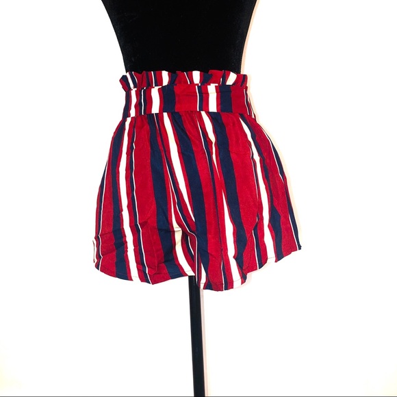 Paperbag Waist Belted Striped Burgundy Boho Shorts - Picture 4 of 4